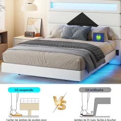 ProximaX Lit flottant 140x190 cm avec LED, 2 ports USB, cadre avec sommier à lattes, tête de lit, pour 2 personnes, blanc et noir* Lit Coffre