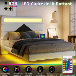 ProximaX Lit flottant 140x190 cm avec LED, 2 ports USB, cadre avec sommier à lattes, tête de lit, pour 2 personnes, blanc et noir* Lit Coffre