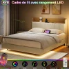ProximaX Lit flottant 140x200 cm blanc PU + bois clair, rangement tiroir, éclairage LED sous lit, double port USB, poche latérale* Lit Coffre