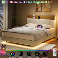 ProximaX Lit flottant 140x200 cm blanc PU + bois clair, rangement tiroir, éclairage LED sous lit, double port USB, poche latérale* Lit Coffre