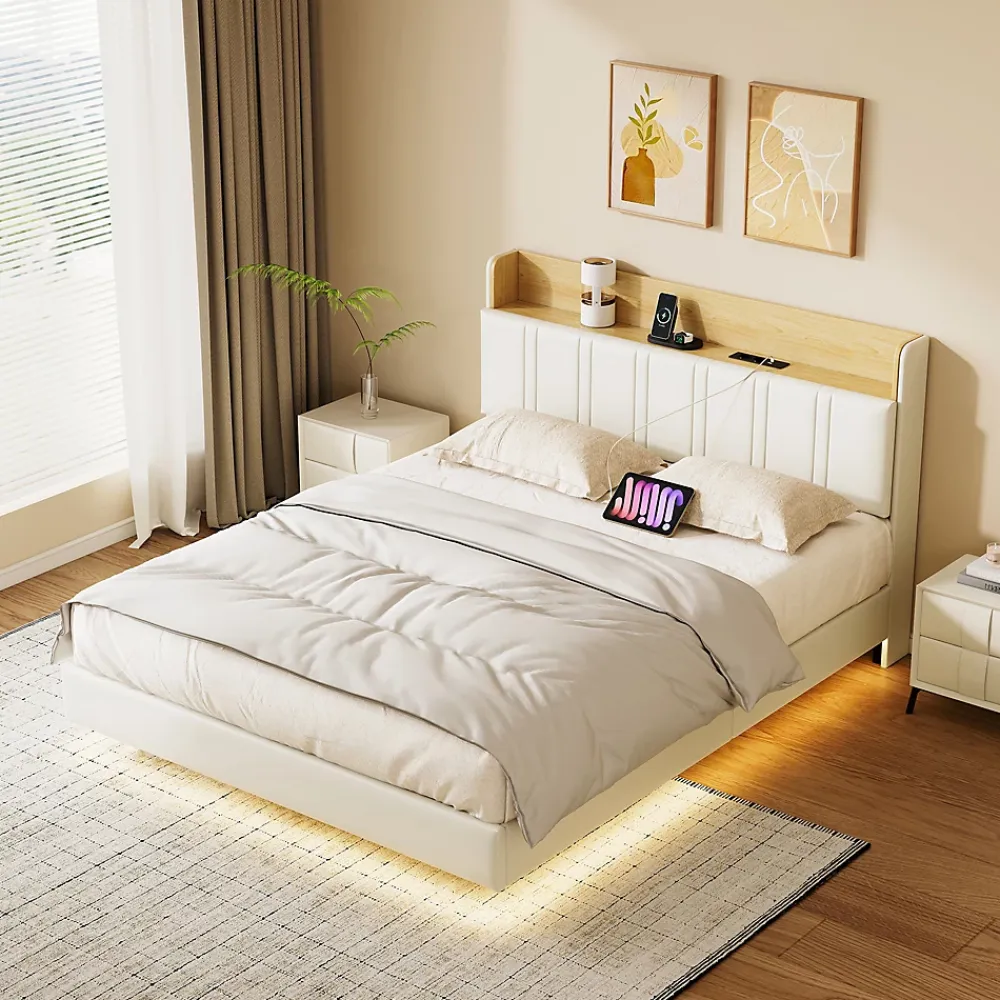 ProximaX Lit flottant 140x200 cm blanc PU + bois clair, rangement tiroir, éclairage LED sous lit, double port USB, poche latérale* Lit Coffre
