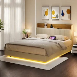 ProximaX Lit flottant 140x200 cm blanc PU + bois clair, rangement tiroir, éclairage LED sous lit, double port USB, poche latérale* Lit Coffre