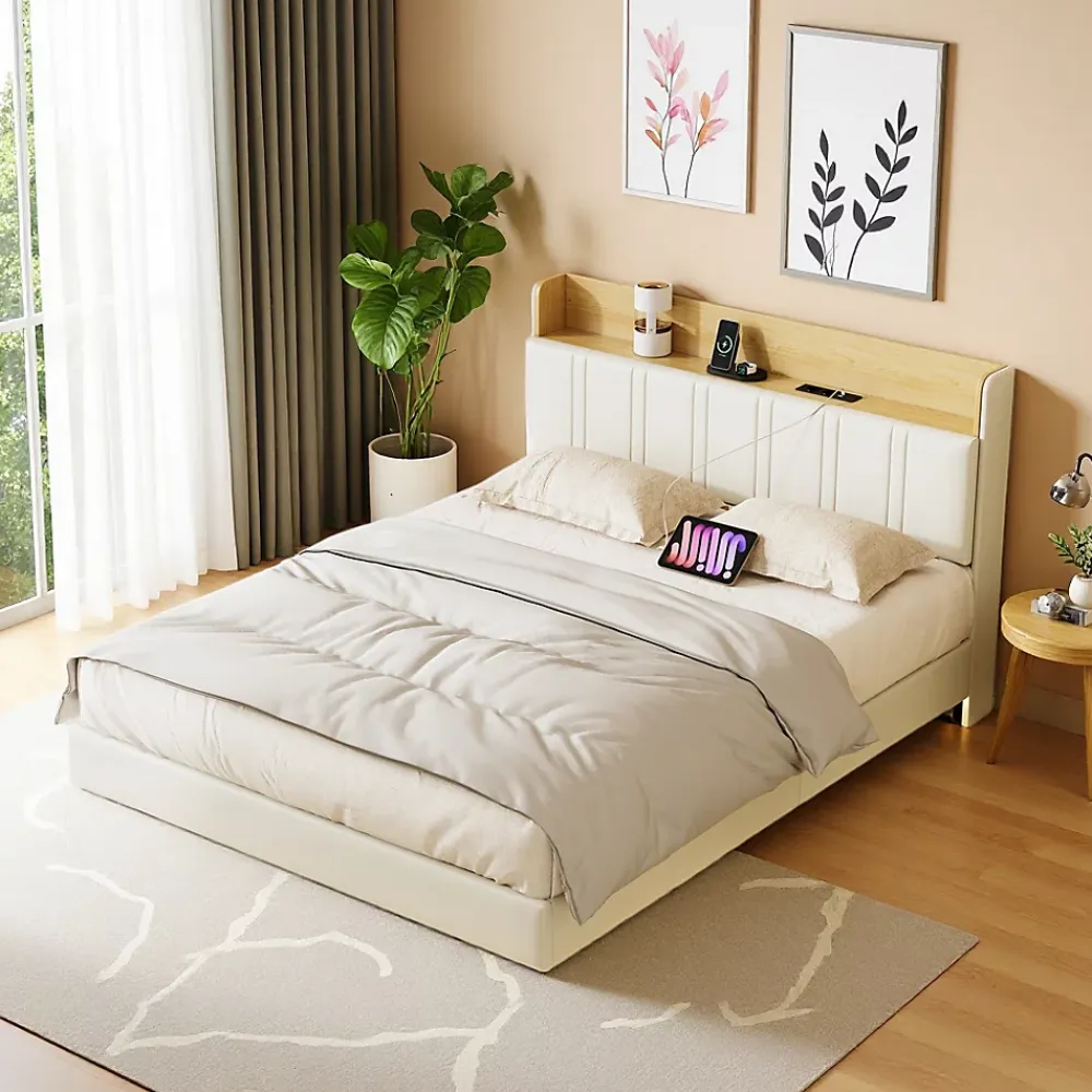 ProximaX Lit flottant 140x200 cm blanc PU + bois clair, rangement tiroir, éclairage LED sous lit, double port USB, poche latérale* Lit Coffre