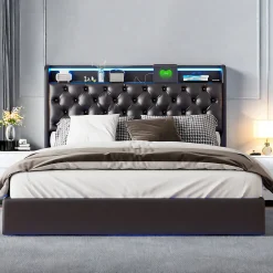 Lit flottant 160x200 cm en polyuréthane avec LED tête et corps, rangement tête de lit rembourrée, prise EU, design moderne.>Simple Life Discount