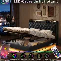 Lit flottant 160x200 cm en polyuréthane avec LED tête et corps, rangement tête de lit rembourrée, prise EU, design moderne.><noscript><img width=