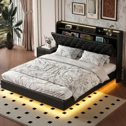 Lit flottant 160x200 cm en polyuréthane avec LED tête et corps, rangement tête de lit rembourrée, prise EU, design moderne.><noscript><img width=