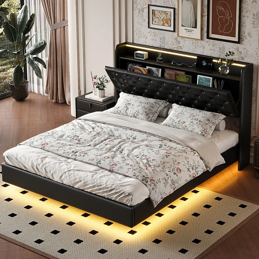 Lit flottant 160x200 cm en polyuréthane avec LED tête et corps, rangement tête de lit rembourrée, prise EU, design moderne.>Simple Life Discount