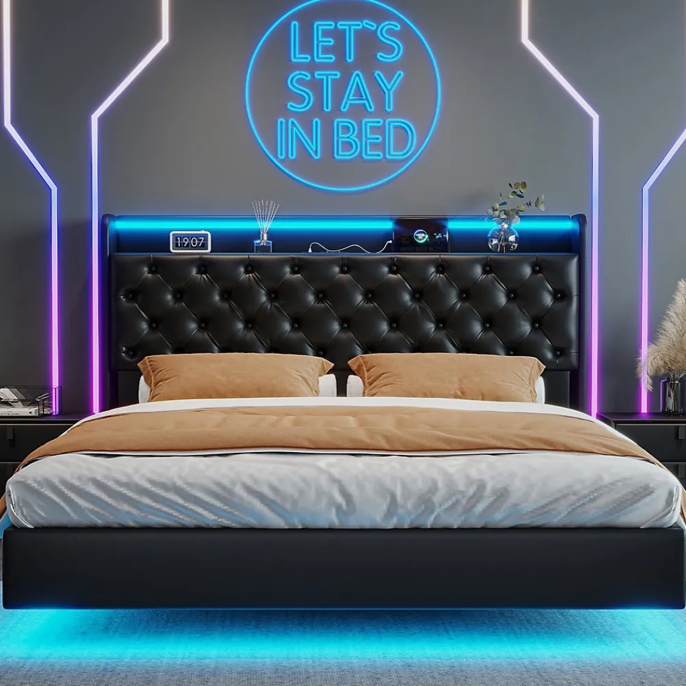 Lit flottant 160x200 cm en polyuréthane avec LED tête et corps, rangement tête de lit rembourrée, prise EU, design moderne.>Simple Life Discount
