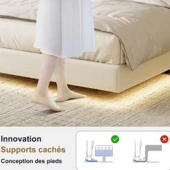 Simple Life Lit flottant 140x190 cm, rembourré, LED, USB, PU, Blanc* Lit Coffre