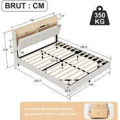 Simple Life Lit flottant 140x190 cm, rembourré, LED, USB, PU, Blanc* Lit Coffre