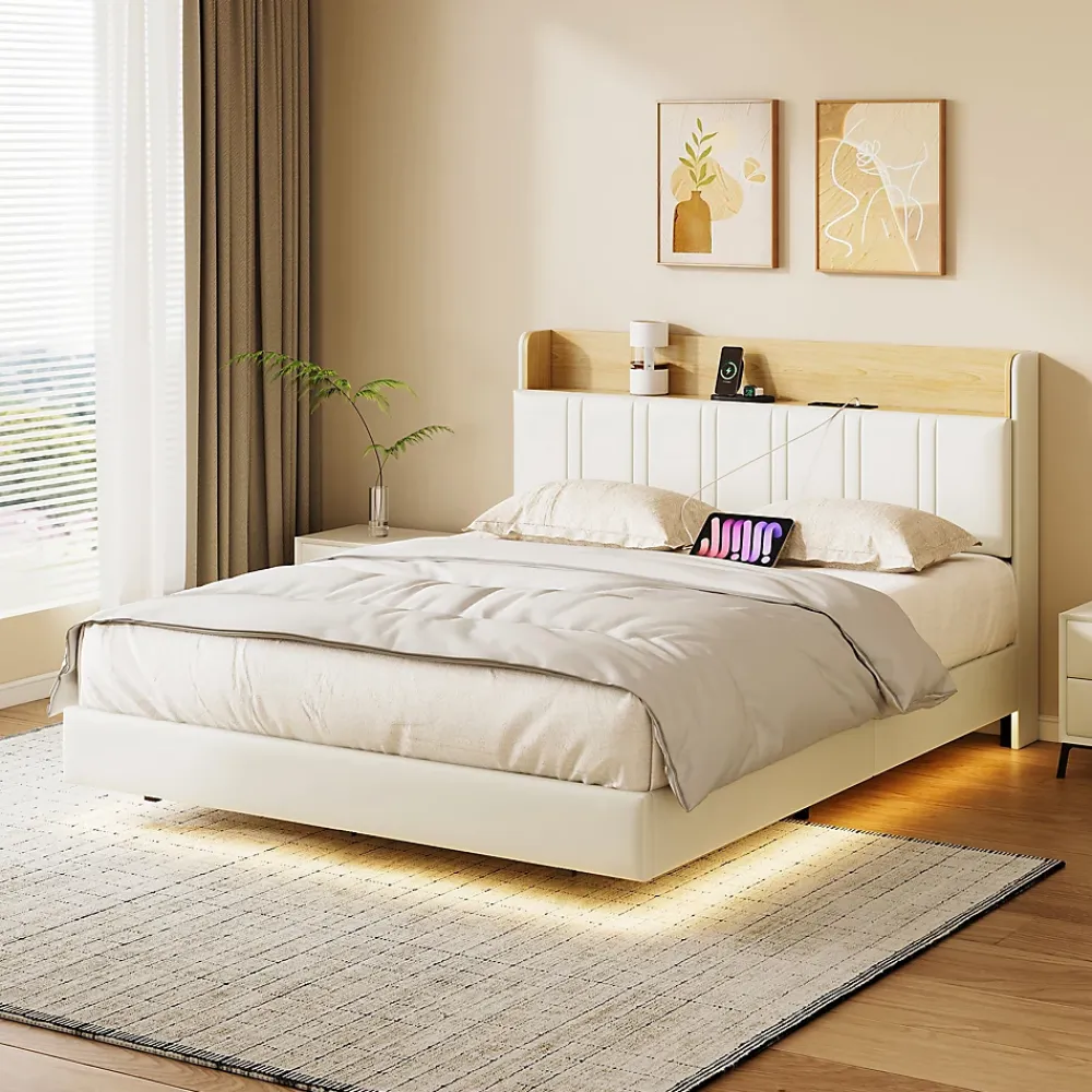 Simple Life Lit flottant 140x190 cm, rembourré, LED, USB, PU, Blanc* Lit Coffre