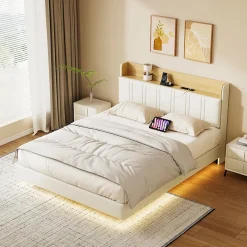 Simple Life Lit flottant 140x190 cm, rembourré, LED, USB, PU, Blanc* Lit Coffre