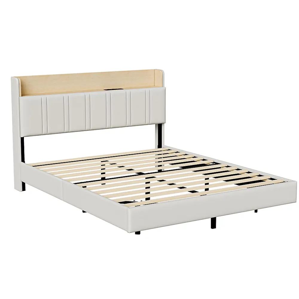 Simple Life Lit flottant 140x190 cm, rembourré, LED, USB, PU, Blanc* Lit Coffre