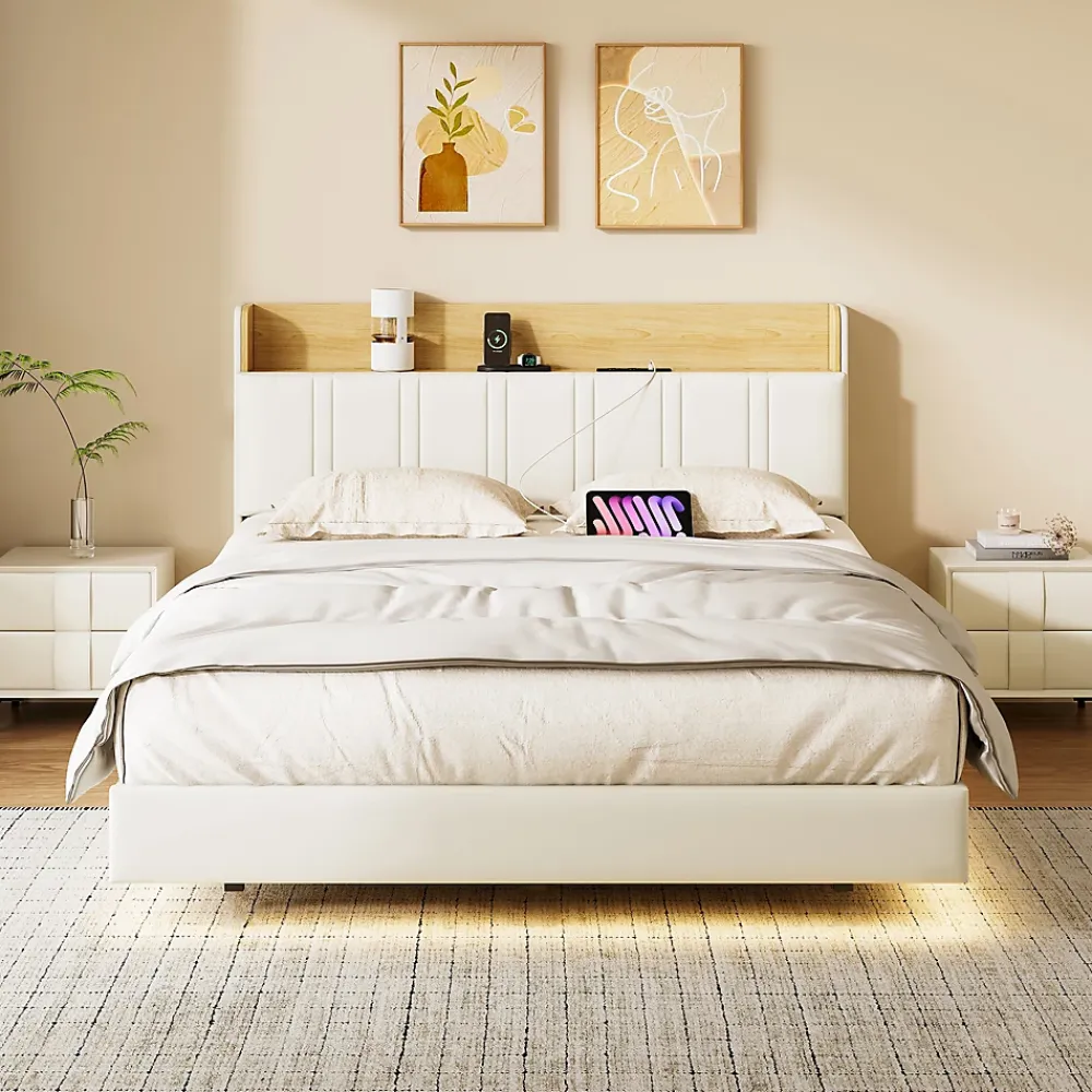 Simple Life Lit flottant 140x190 cm, rembourré, LED, USB, PU, Blanc* Lit Coffre