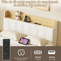 Simple Life Lit flottant 140x190 cm, rembourré, LED, USB, PU, Blanc* Lit Coffre