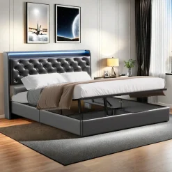 Lit flottant 160x200cm en PU avec LED tête & corps, rangement tête de lit rembourrée & prise EU, Design moderne et pratique>ProximaX Clearance