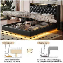 Lit flottant 160x200cm en PU avec LED tête & corps, rangement tête de lit rembourrée & prise EU, Design moderne et pratique><noscript><img width=