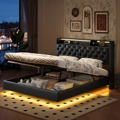 Lit flottant 160x200cm en PU avec LED tête & corps, rangement tête de lit rembourrée & prise EU, Design moderne et pratique><noscript><img width=