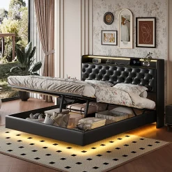 Lit flottant 160x200cm en PU avec LED tête & corps, rangement tête de lit rembourrée & prise EU, Design moderne et pratique><noscript><img width=