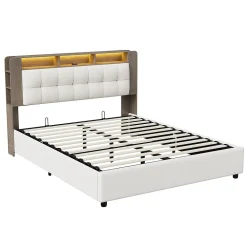 Lit Flottant,160x200 CM, Cadre de Lit avec Éclairage LED, Multiprise, Tête de lit avec Rangement, velours,Blanc>Fortuna lai Best