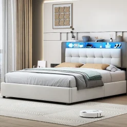 Lit Flottant,160x200 CM, Cadre de Lit avec Éclairage LED, Multiprise, Tête de lit avec Rangement, velours,Blanc><noscript><img width=