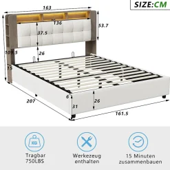 Lit Flottant,160x200 CM, Cadre de Lit avec Éclairage LED, Multiprise, Tête de lit avec Rangement, velours,Blanc><noscript><img width=