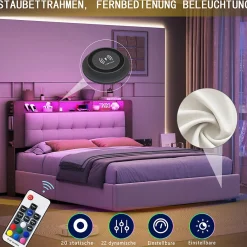Lit Flottant,160x200 CM, Cadre de Lit avec Éclairage LED, Multiprise, Tête de lit avec Rangement, velours,Blanc><noscript><img width=