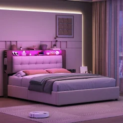 Lit Flottant,160x200 CM, Cadre de Lit avec Éclairage LED, Multiprise, Tête de lit avec Rangement, velours,Blanc><noscript><img width=