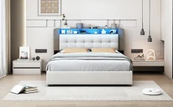 Lit Flottant,160x200 CM, Cadre de Lit avec Éclairage LED, Multiprise, Tête de lit avec Rangement, velours,Blanc><noscript><img width=