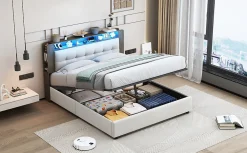 Lit Flottant,160x200 CM, Cadre de Lit avec Éclairage LED, Multiprise, Tête de lit avec Rangement, velours,Blanc><noscript><img width=