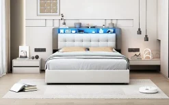 Fortuna lai Lit Flottant,140x200 CM, Cadre de Lit avec Éclairage LED, Multiprise, Tête de lit avec Rangement, velours,Blanc* Lit Coffre