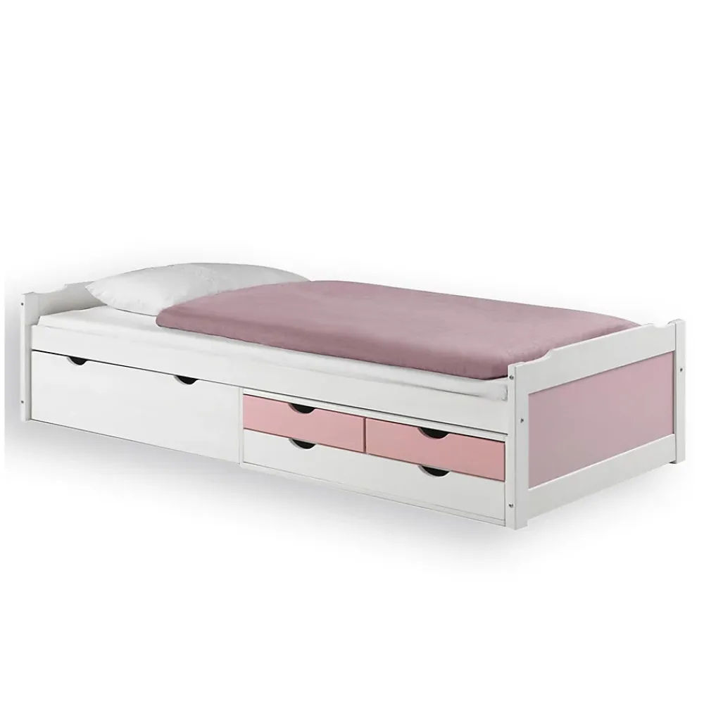 Idimex Lit fonctionnel en pin ANDREA, 90 x 200 cm, lasuré blanc rose* Lit Avec Rangement