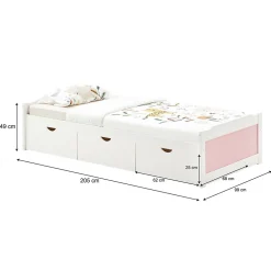 Idimex Lit fonctionnel MIA 90 x 200 cm, en pin massif lasuré blanc et rose* Lit Avec Rangement