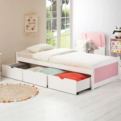 Idimex Lit fonctionnel MIA 90 x 200 cm, en pin massif lasuré blanc et rose* Lit Avec Rangement
