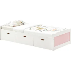 Idimex Lit fonctionnel MIA 90 x 200 cm, en pin massif lasuré blanc et rose* Lit Avec Rangement