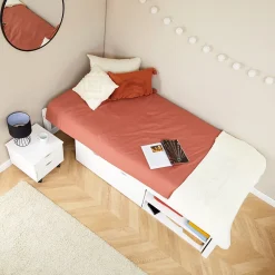 Idimex Lit fonctionnel SABRINA 90x190 cm, en pin massif lasuré blanc* Lit Avec Rangement