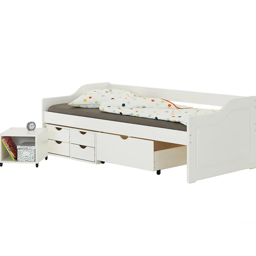 Idimex Lit fonctionnel SENTA en pin massif, 90 x 200 cm, lasuré blanc* Lit Avec Rangement