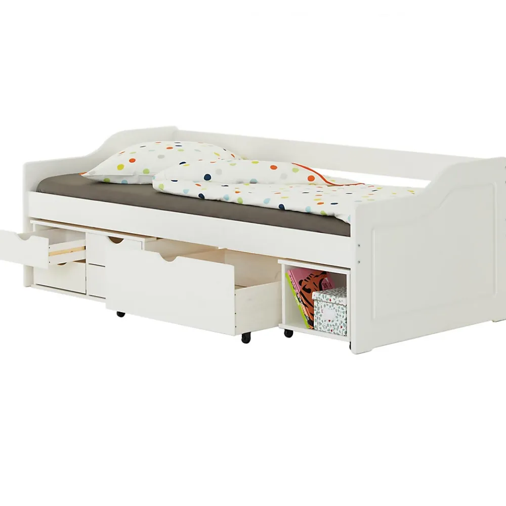Idimex Lit fonctionnel SENTA en pin massif, 90 x 200 cm, lasuré blanc* Lit Avec Rangement