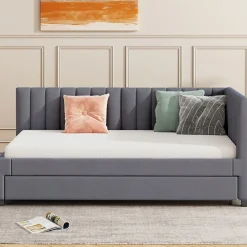 Lit Gigogne - Lit enfant et d'Appoint avec Sommier Gigogne, Fonction Rangement Intégré, Velours Gris, 90x200 cm><noscript><img width=
