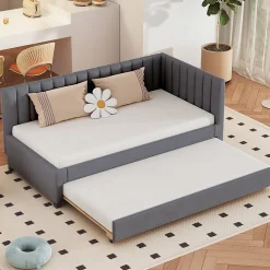 Lit Gigogne - Lit enfant et d'Appoint avec Sommier Gigogne, Fonction Rangement Intégré, Velours Gris, 90x200 cm><noscript><img width=