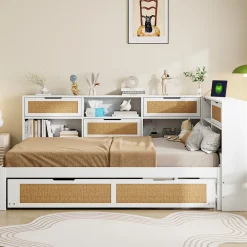 Okwish Lit Gigogne - Lit enfant 140x200 cm Bois Blanc avec Lit Simple, Tiroirs et Port USB, Grand Rangement Multifonction, Couleur Blanc* Lit Gigogne
