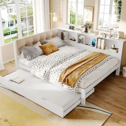 Okwish Lit Gigogne 140 x 200 cm - avec Lit Escamotable et LED Dimmable - Sans Matelas - Lin, MDF et Bois de Pin - Blanc* Lit Gigogne