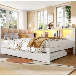 Okwish Lit Gigogne 140 x 200 cm - avec Lit Escamotable et LED Dimmable - Sans Matelas - Lin, MDF et Bois de Pin - Blanc* Lit Gigogne