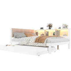 Okwish Lit Gigogne 140 x 200 cm - avec Lit Escamotable et LED Dimmable - Sans Matelas - Lin, MDF et Bois de Pin - Blanc* Lit Gigogne
