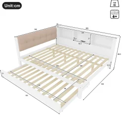 Okwish Lit Gigogne 140 x 200 cm - avec Lit Escamotable et LED Dimmable - Sans Matelas - Lin, MDF et Bois de Pin - Blanc* Lit Gigogne
