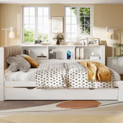 Okwish Lit Gigogne 140 x 200 cm - avec Lit Escamotable et LED Dimmable - Sans Matelas - Lin, MDF et Bois de Pin - Blanc* Lit Gigogne