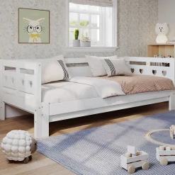 Okwish Lit gigogne 90 x 190 cm - Lit Banquette avec Motif Cœur - Pin Massif et MDF - Sans Matelas - Blanc* Lit Gigogne