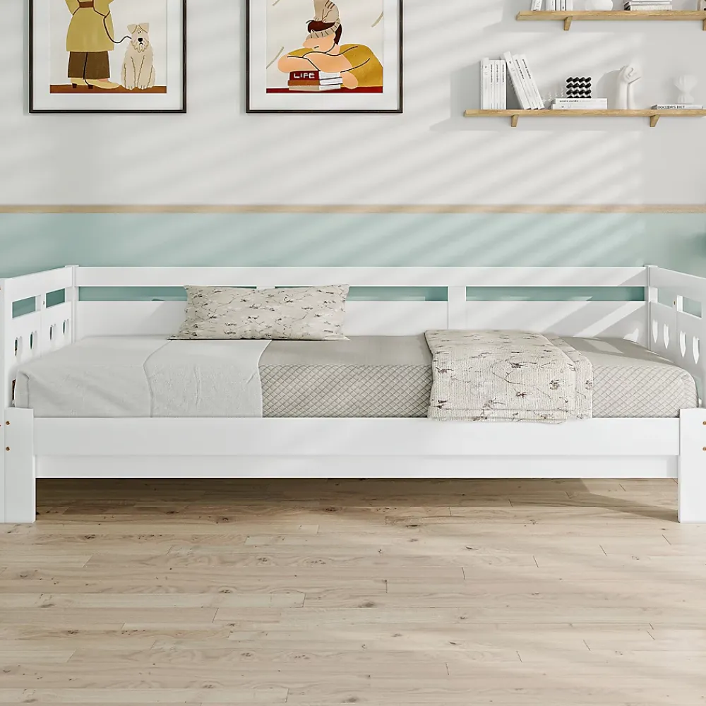 Okwish Lit gigogne 90 x 190 cm - Lit Banquette avec Motif Cœur - Pin Massif et MDF - Sans Matelas - Blanc* Lit Gigogne