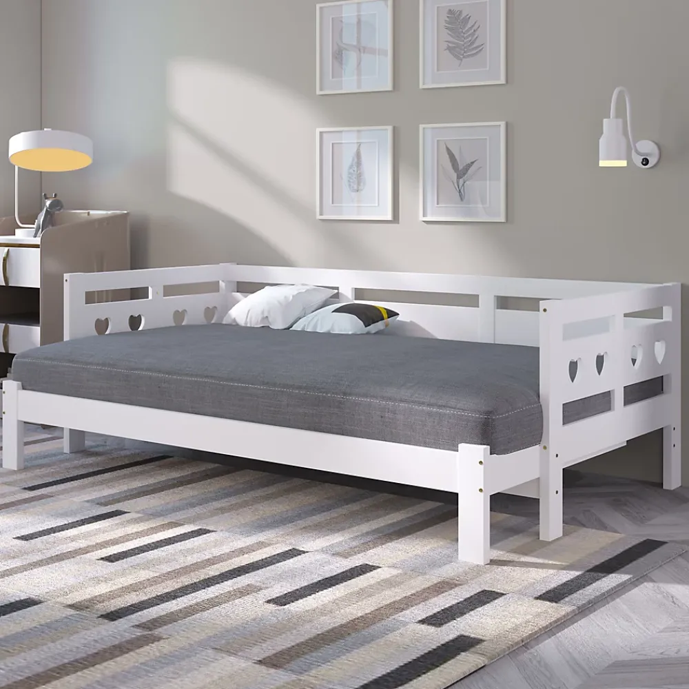 Okwish Lit gigogne 90 x 190 cm - Lit Banquette avec Motif Cœur - Pin Massif et MDF - Sans Matelas - Blanc* Lit Gigogne