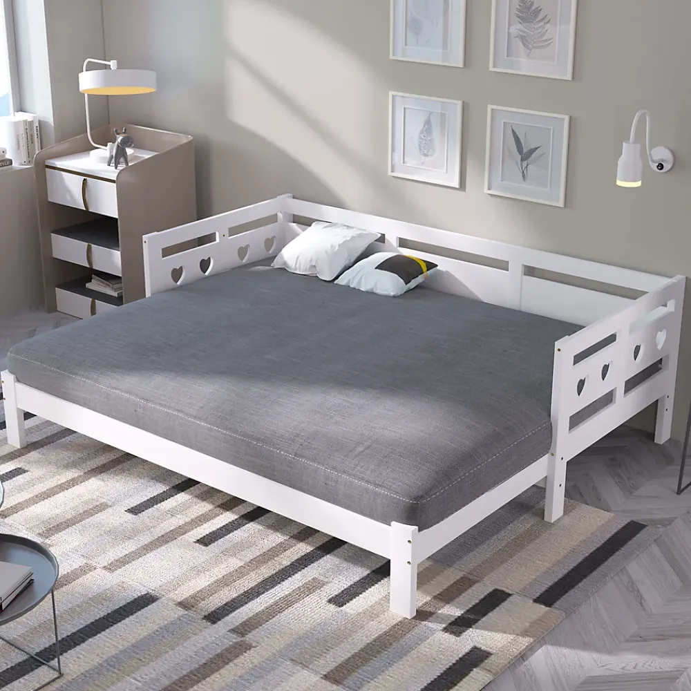Okwish Lit gigogne 90 x 190 cm - Lit Banquette avec Motif Cœur - Pin Massif et MDF - Sans Matelas - Blanc* Lit Gigogne
